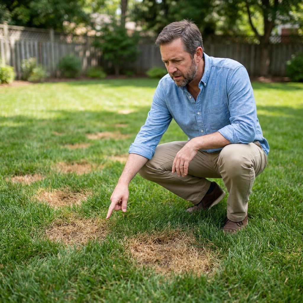 A real photo of irregular brown patches spreading across a green lawn