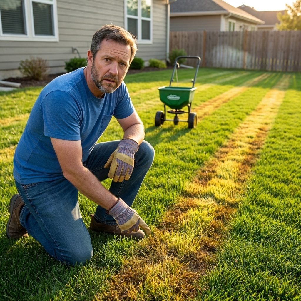 A residential lawn with visible yellow and brown streaks running in straight lines that match fertilizer spreader passes