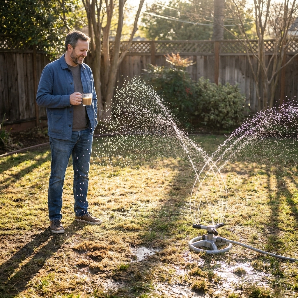 A rotating sprinkler watering a patchy backyard lawn in the early morning, with water soaking evenly into the grass