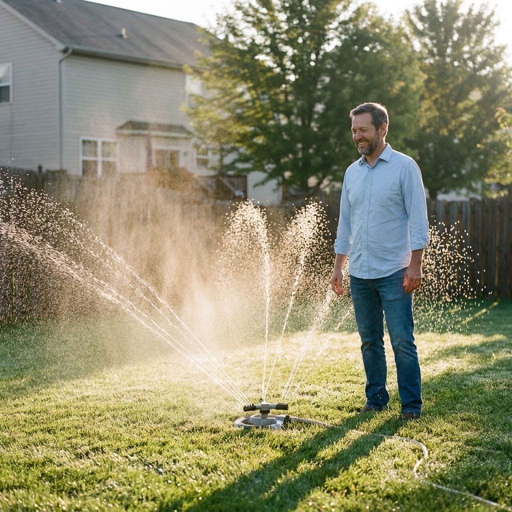 A rotating sprinkler watering a residential lawn in early morning light with long shadows and a quiet suburban yard