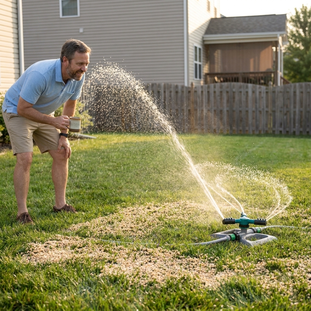 A rotating sprinkler watering a suburban lawn shortly after granular pre-emergent has been applied