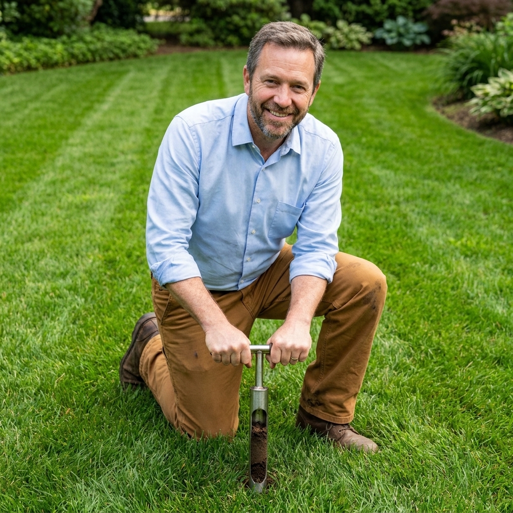 A soil probe being pushed into a healthy green lawn to remove a narrow core of soil for testing