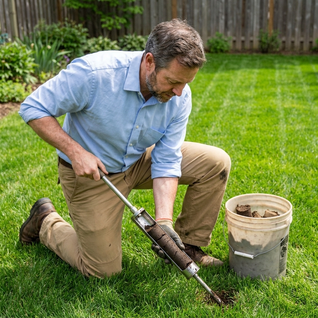 A soil probe pulling a clean core sample from a green lawn while a bucket sits nearby ready to mix the samples
