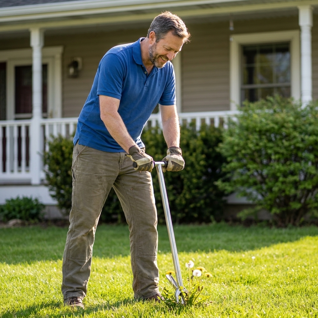 A stand-up dandelion puller being used on a flowering dandelion in a residential front lawn on a sunny day