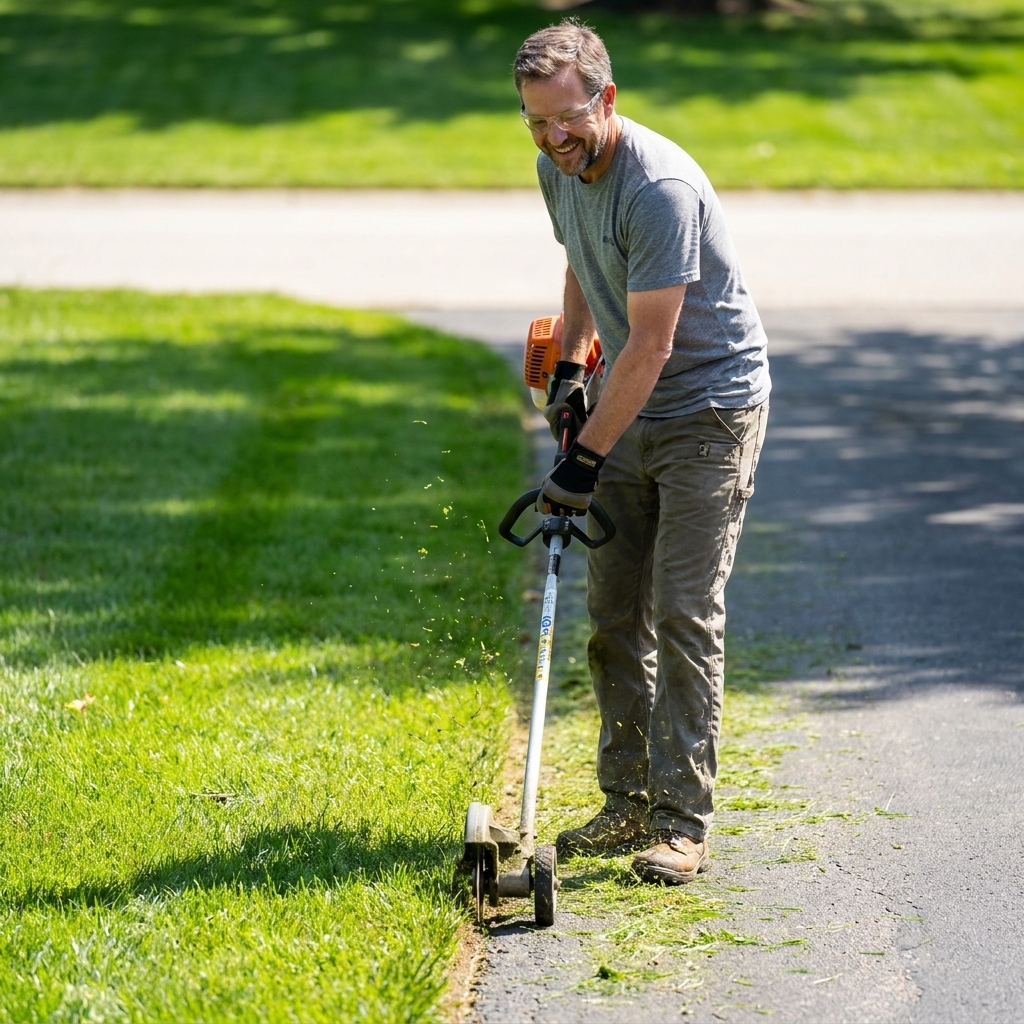 A stick edger cutting a clean line along the edge of an asphalt driveway where it meets the lawn, with fresh trimmed grass visible