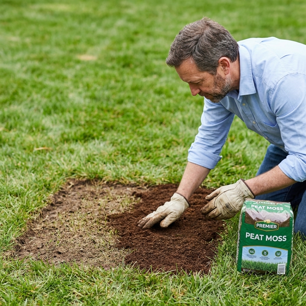 A thin layer of peat moss spread over newly seeded soil in a small lawn repair area