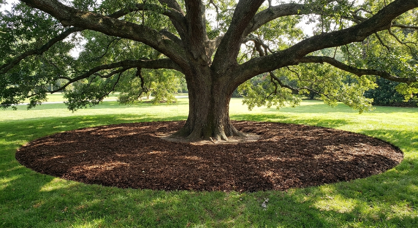 A tidy circular mulch bed under a large mature shade tree with a clean edge where lawn meets mulch, showing exposed trunk flare and no mulch piled against the bark