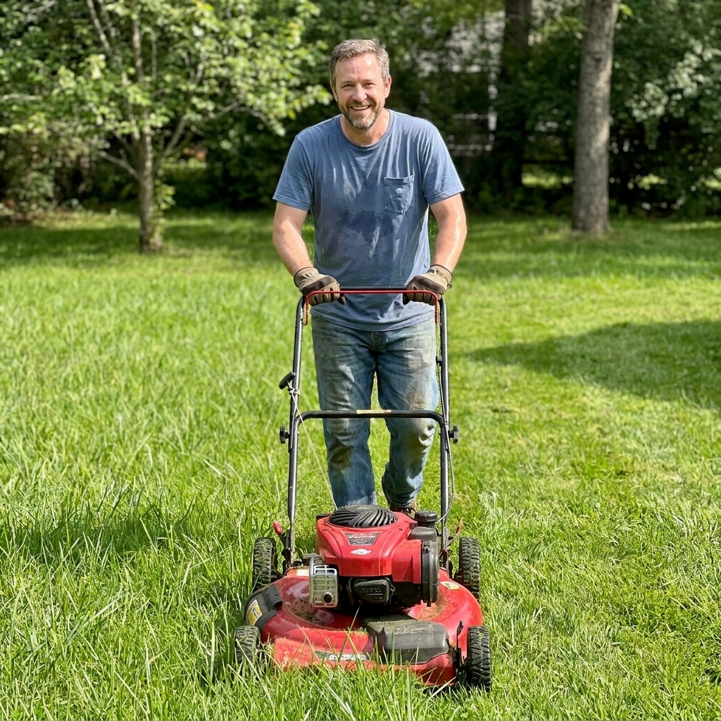 A walk-behind mower cutting a backyard lawn at a taller height setting, leaving even, upright grass blades