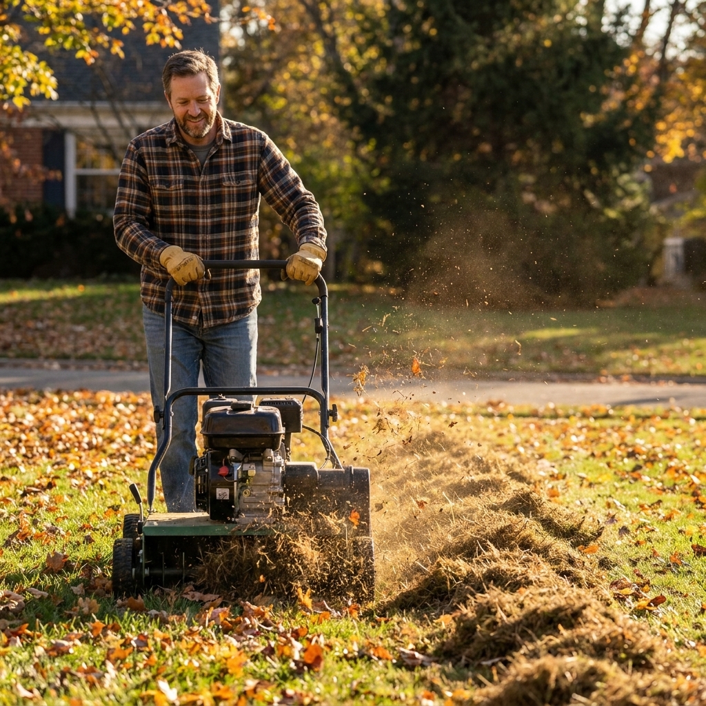 A walk-behind power rake dethatcher being used on a front lawn in fall, pulling up brown thatch into a loose row