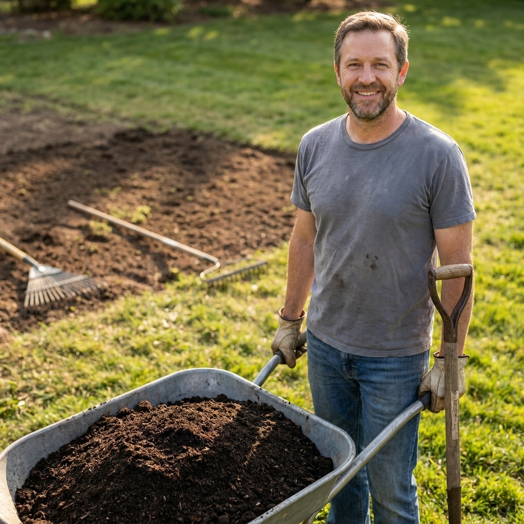 A wheelbarrow filled with dark, finished compost next to a lawn area being prepared for seeding