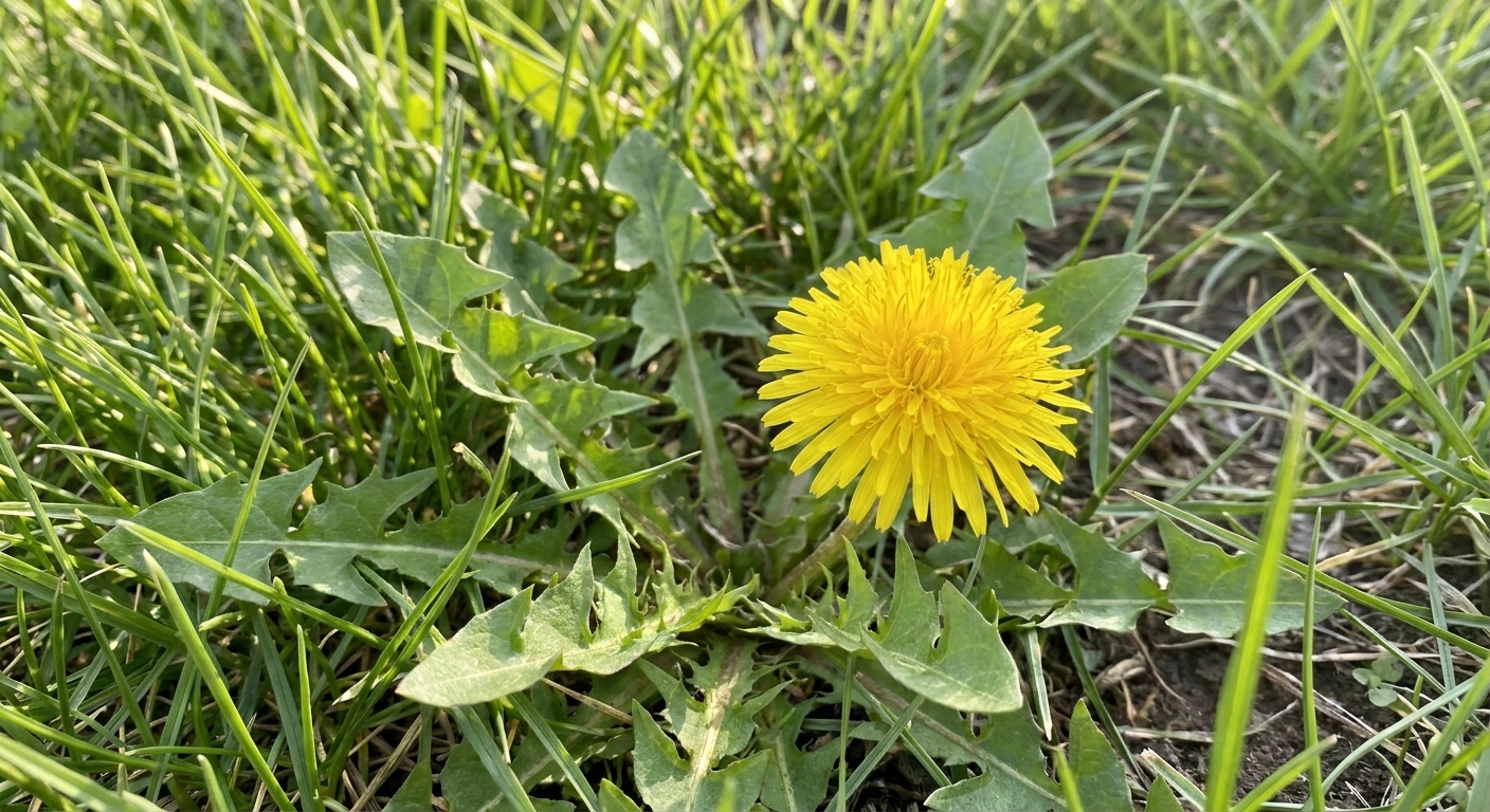 A yellow dandelion flower with jagged toothed leaves growing in a residential lawn.