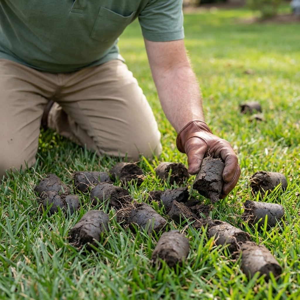 Close-up of fresh soil plugs on a lawn after core aeration, showing dense clay cores breaking apart on the grass