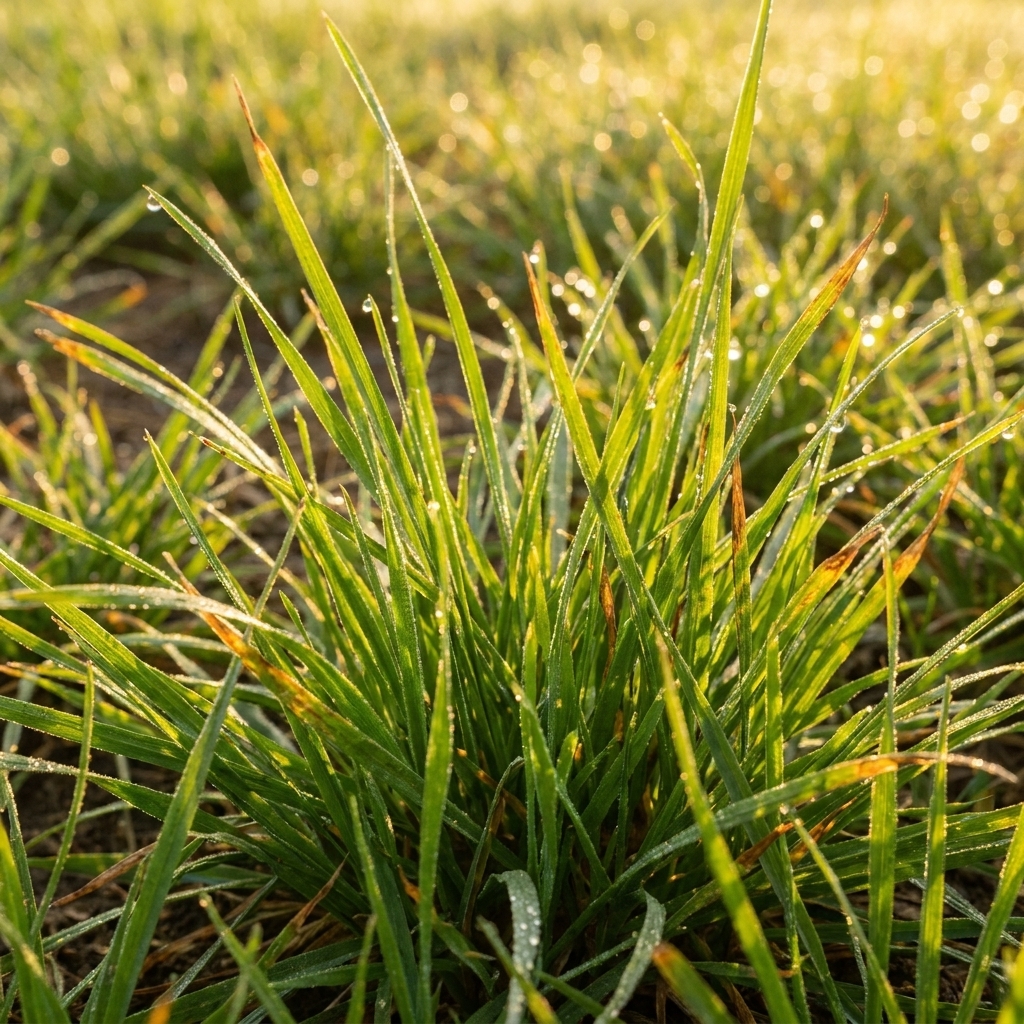 Close-up of healthy turfgrass blades in early fall with dew on the lawn in morning light