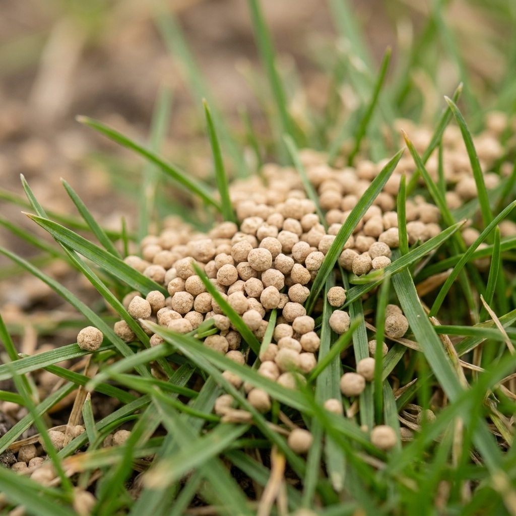 Close-up of tan granular lawn fertilizer pellets scattered lightly on green grass blades