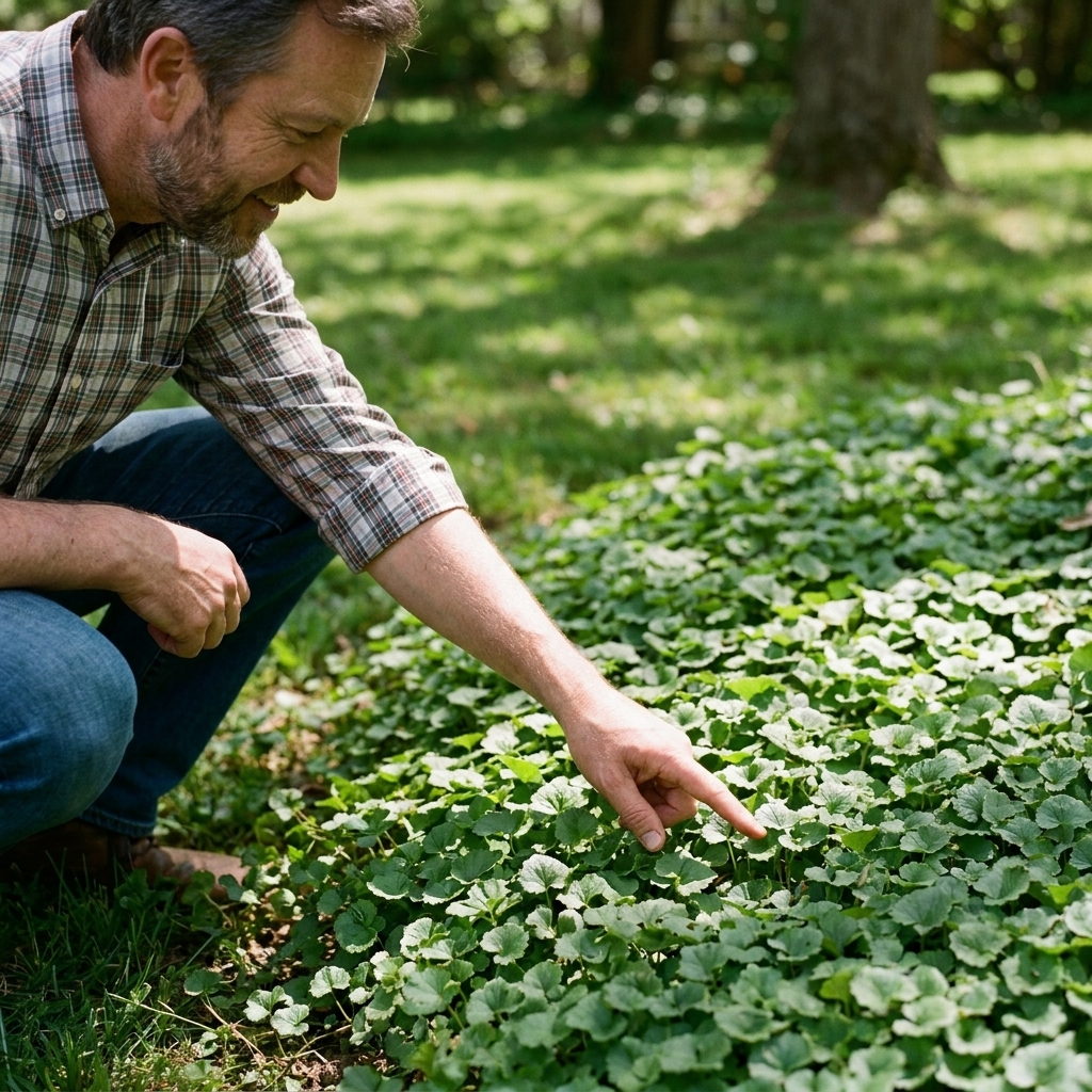 Creeping Charlie ground ivy with round scalloped leaves forming a dense mat in a shady lawn.