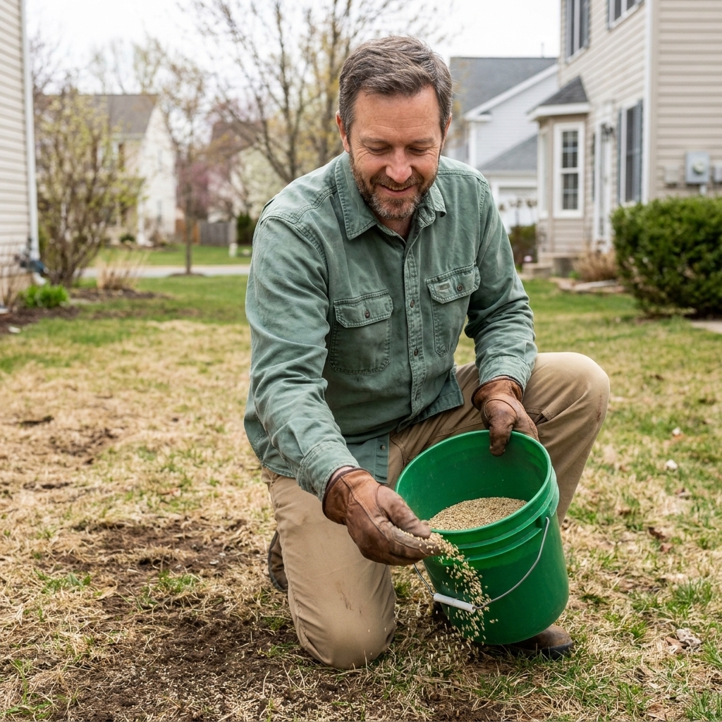 Fresh grass seed being spread by hand over thin bare spots in a lawn in early spring