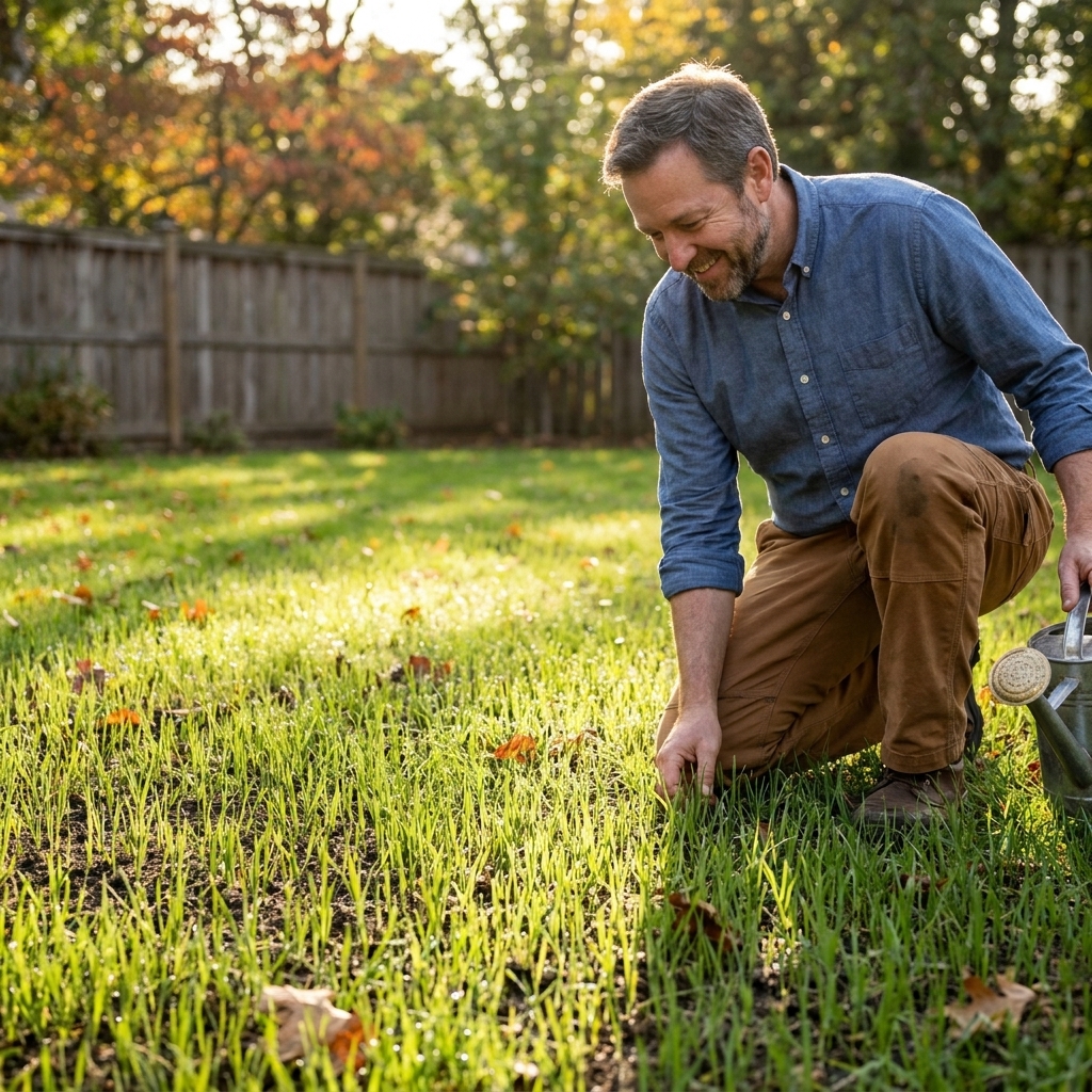 Fresh green grass seedlings emerging evenly across a backyard lawn in early fall with morning sunlight