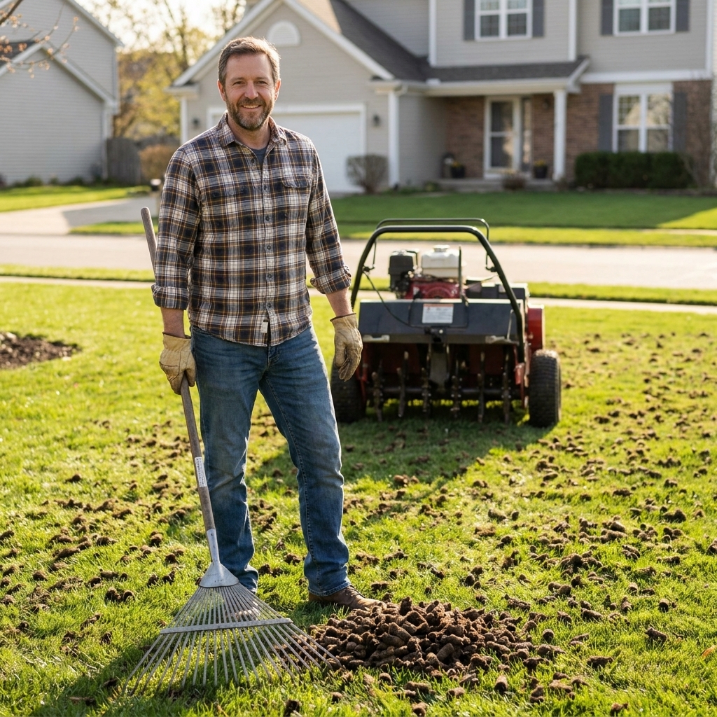 Fresh soil plugs scattered across a lawn after core aeration, with a rake resting nearby