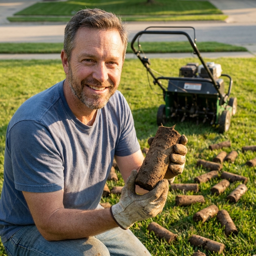 Fresh soil plugs scattered across a lawn immediately after core aeration, with a close view of the cylindrical cores
