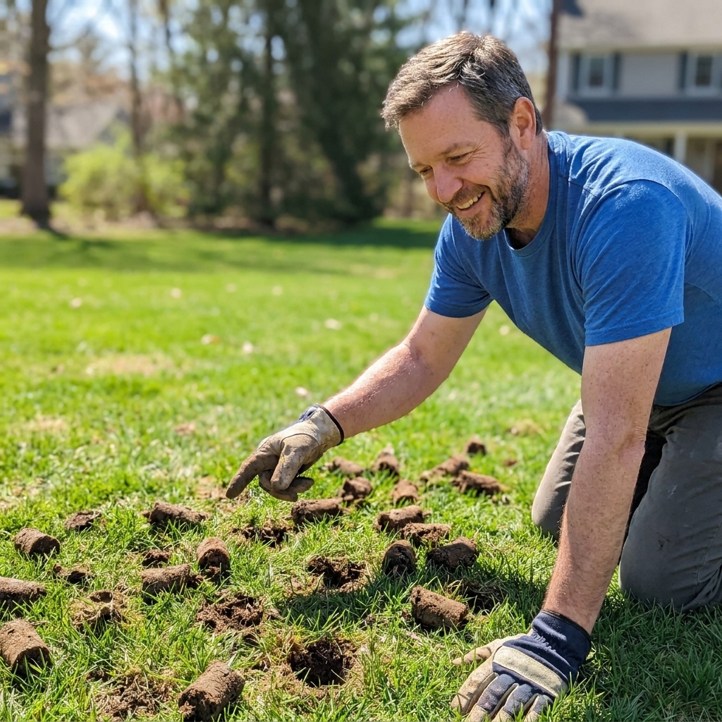 Fresh soil plugs scattered across a lawn immediately after core aeration on a sunny day, showing open holes for improved root-zone infiltration