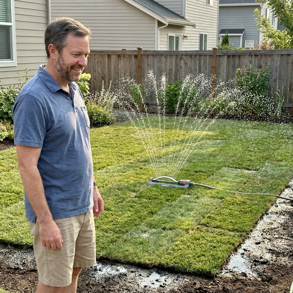 Freshly installed sod with staggered seams being watered with a sprinkler in a suburban yard