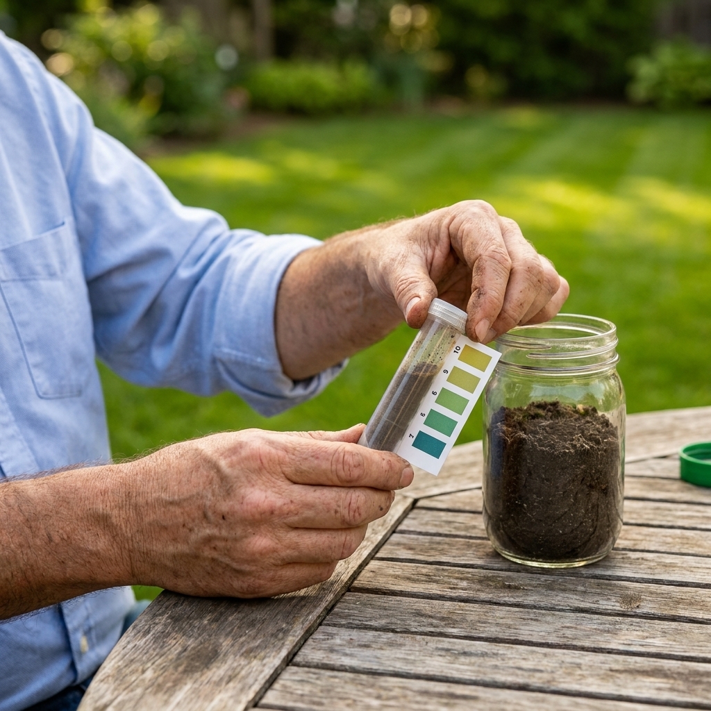 Hands holding a small vial from a soil pH test kit next to a lawn soil sample on a patio table
