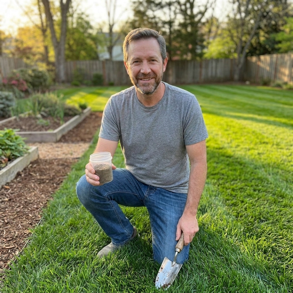 Mark Vance kneeling in a lawn holding a small soil sample container next to a hand trowel, with grass and garden beds behind him