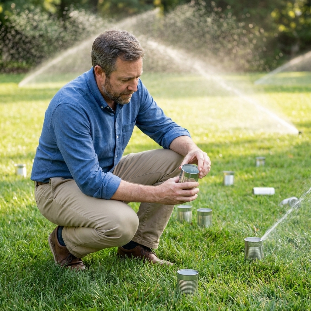 Several small metal cans set on a lawn while sprinklers run, used to measure irrigation depth during a watering test