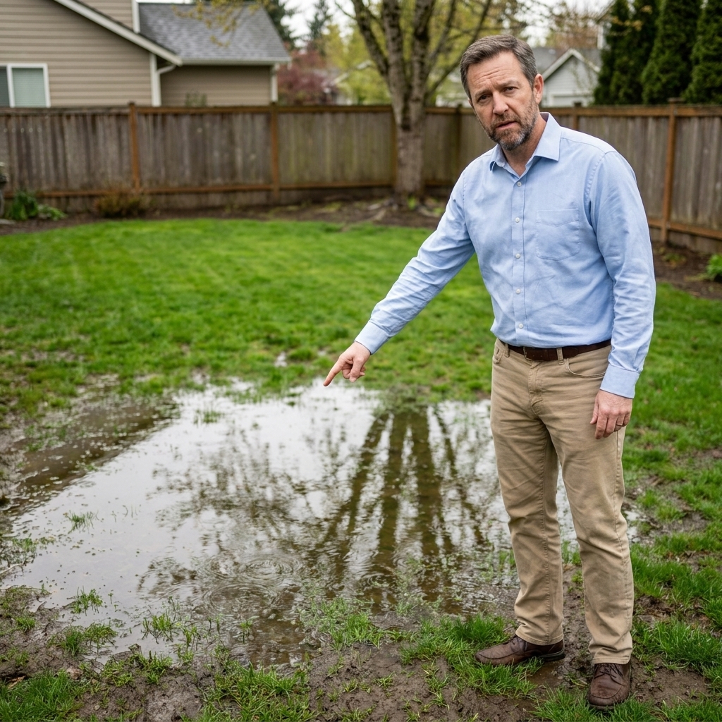Standing water pooled in a low spot on a residential lawn after a spring rain, showing poor drainage
