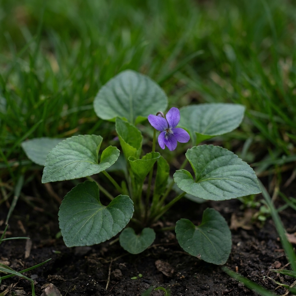 Wild violet with heart-shaped, slightly waxy leaves and a small purple flower growing along a shaded lawn edge.