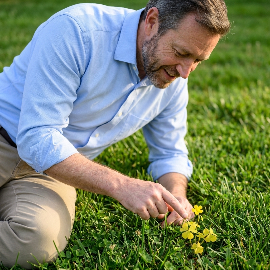 Yellow woodsorrel (oxalis) with three heart-shaped leaflets and a small yellow flower growing in a lawn.